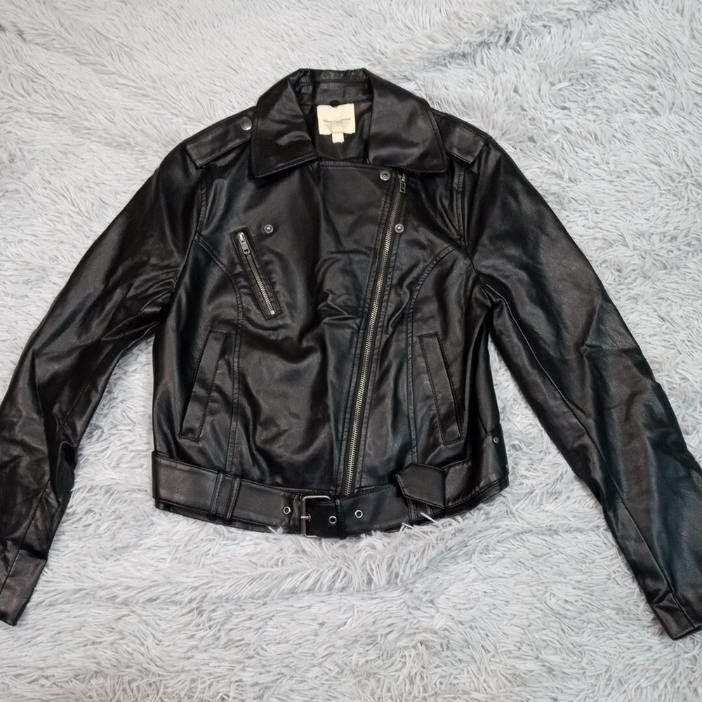 Silence Noise Womens Jacket Black M Faux Leather‎ Coat Moto Belted Asymmetrical